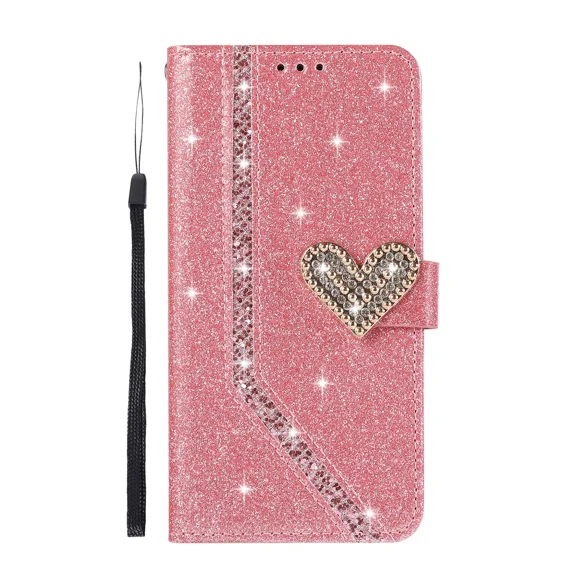 Flash wallet phone case with luxurious shiny heart shape suitable for Samsung S20 leather case, with 2 card holders, wristbands, PU leather slots, and phone protection case