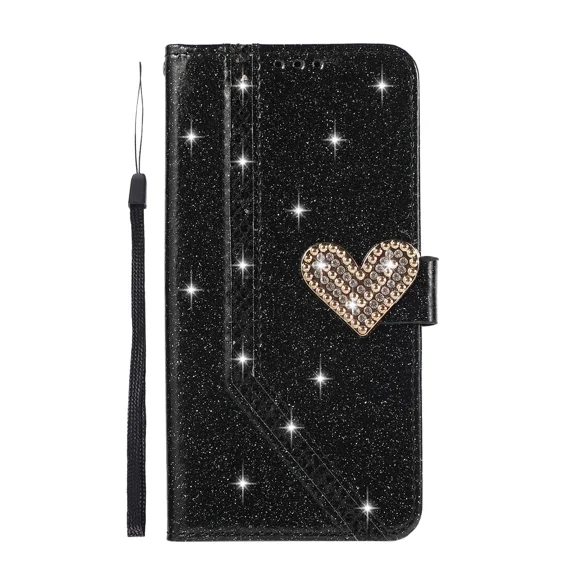 Flash wallet phone case with luxurious shiny heart shape suitable for Samsung S8 leather case, with 2 card holders, wristbands, PU leather slots, and phone protection case