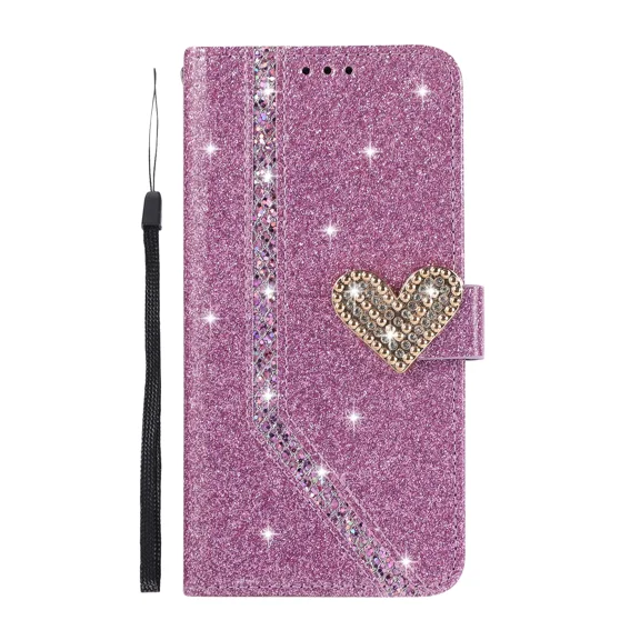 Flash wallet phone case with luxurious shiny heart shape suitable for iPhone 14 Plus leather case, with 2 card holders, wristbands, PU leather slots, and phone protection case