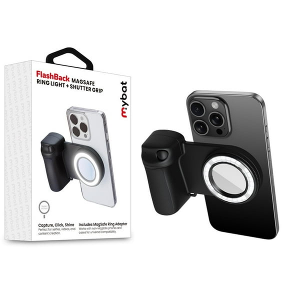 FlashBack Ring Light Shutter Grip with Wireless Shutter, Adjustable LED, and Magnetic Attachment  Black  Compatible with iPhone & Android