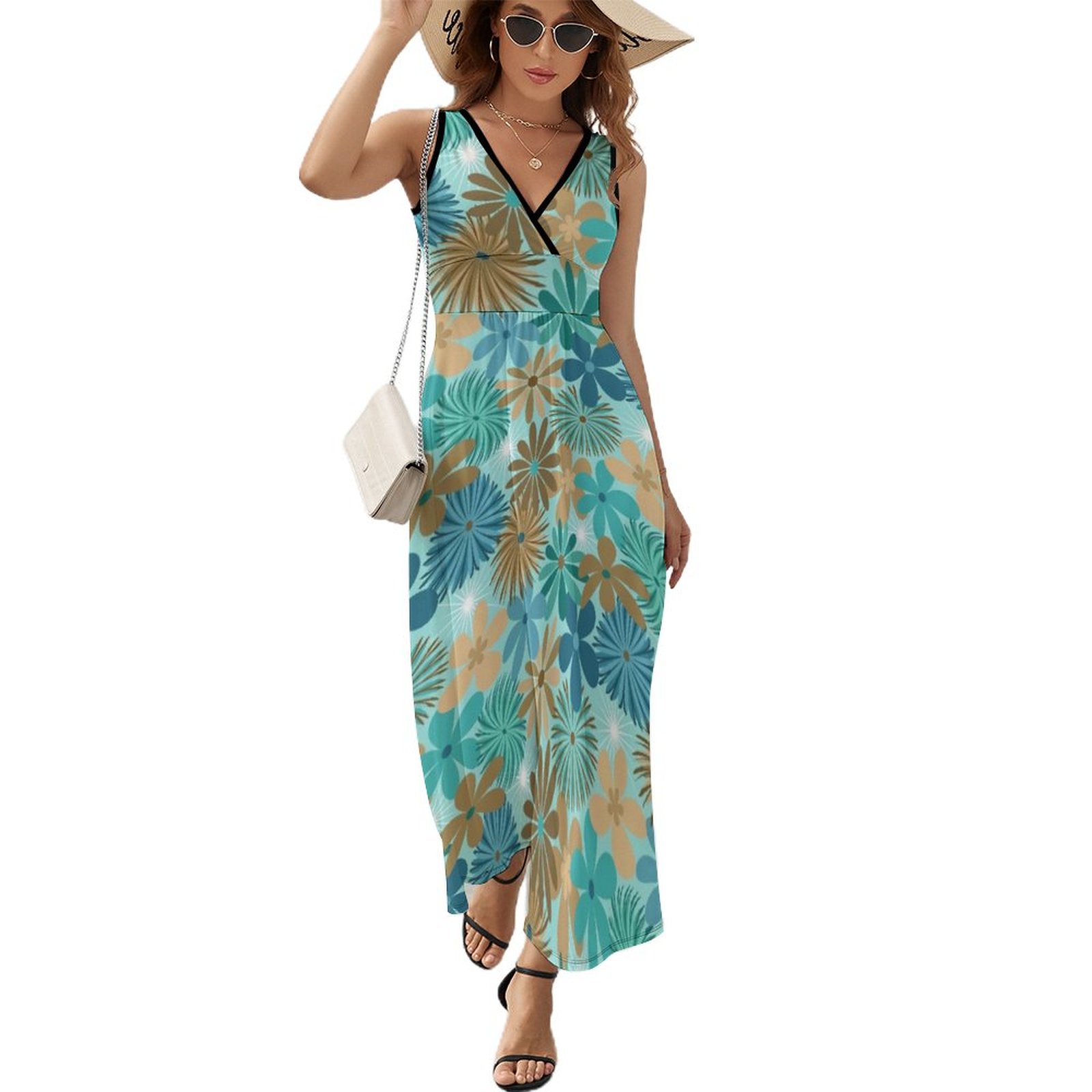 Flashback Floral Blue and Brown Sleeveless Dress Woman's evening — free download