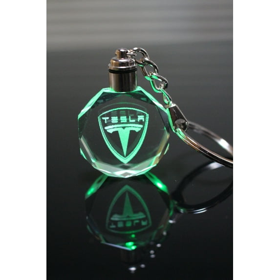 Flashing Keychain with Car Logo, Laser Engraved Crystal Body w/Colorful LED Light for Tesla