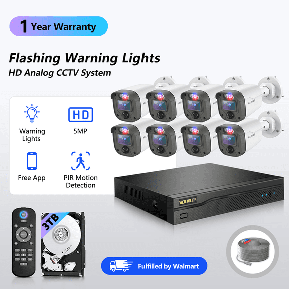 WEILAILIFE 5MP Wired Security Camera System with Red & Blue Warning Lights, 8CH DVR 3TB HDD