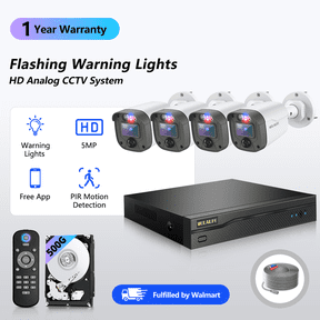 WEILAILIFE 5MP Wired Security Camera System with Red & Blue Warning Lights, 4CH DVR 500GB HDD