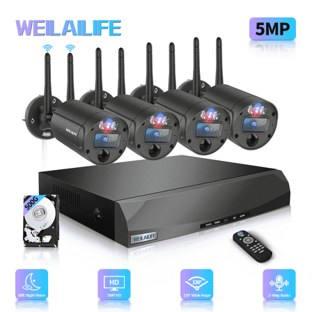 WEILAILIFE 5MP Wireless Security Camera System with Red & Blue Warning Light, PIR Motion Detection, Dual Antenna Outdoor Cameras, 16-Channel NVR