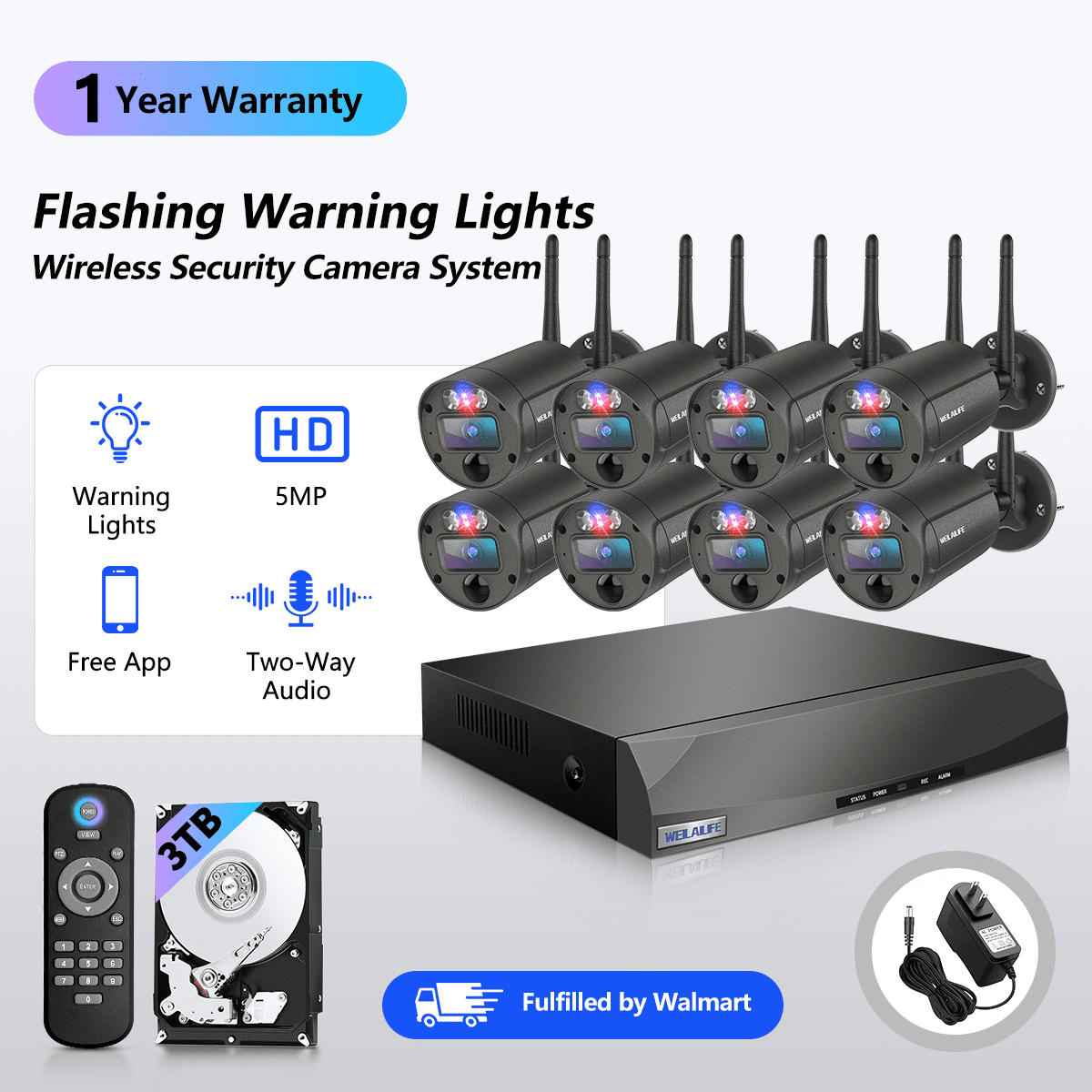 Weilailife 5MP Wireless Security Camera System with Red & Blue Warning Light, Dual Antenna Outdoor Cameras, 16-Channel NVR, No Monthly Fee