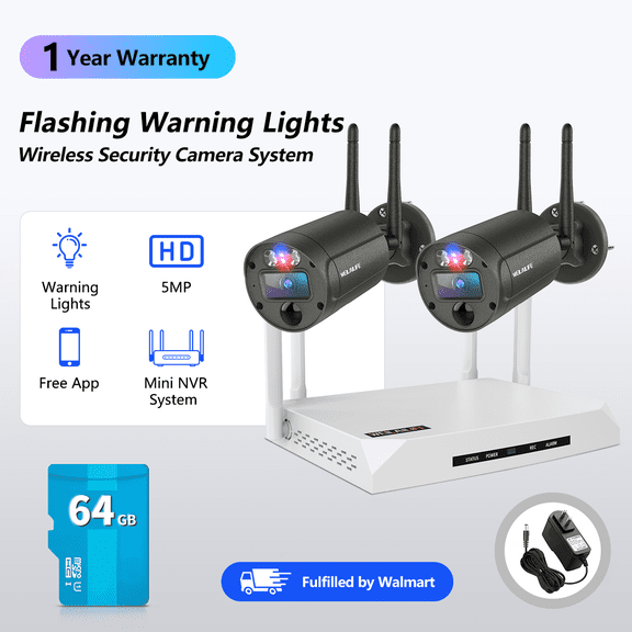 WEILAILIFE 5MP Wireless Security Camera System with Red & Blue Strobe Light, PIR Motion Detection, Dual Antenna Outdoor Cameras, 4-Channel Mini NVR with Storage Card