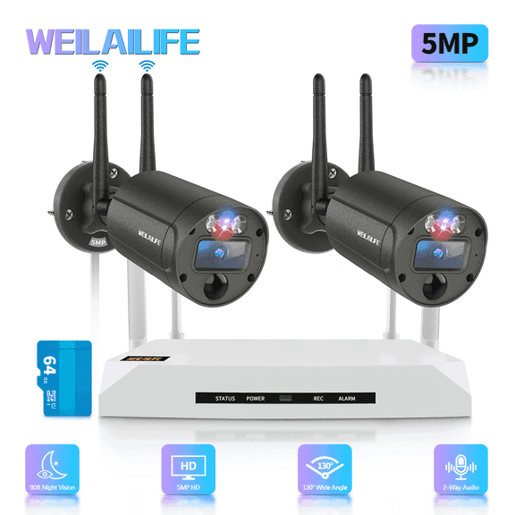 WEILAILIFE 5MP Wireless Security Camera System with Red & Blue Strobe Light, PIR Motion Detection, Dual Antenna Outdoor Cameras, 4-Channel Mini NVR with Storage Card