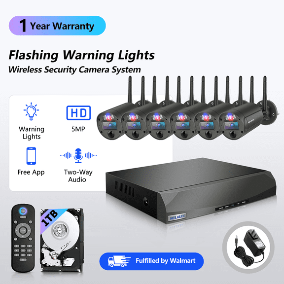 WEILAILIFE 5MP Wireless Security Camera System with Red & Blue Warning Light, PIR Motion Detection, Dual Antenna Outdoor Cameras, 16-Channel NVR