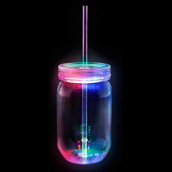 Flashing Panda 22 Oz LED Light-Up Flashing Mason Jar Drink Cup with Straw and Screw-On Lid, 8 Function