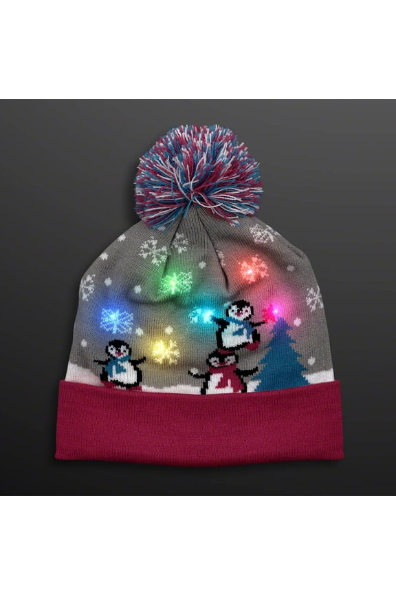 FlashingBlinkyLights Cute Penguins LED Light Up Beanie Hat Knit Cap