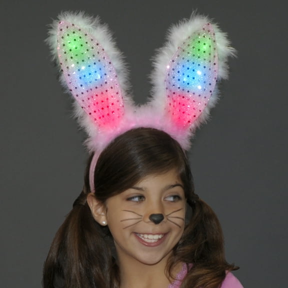 FlashingBlinkyLights Light Up Bunny Ears Headband Pink and White