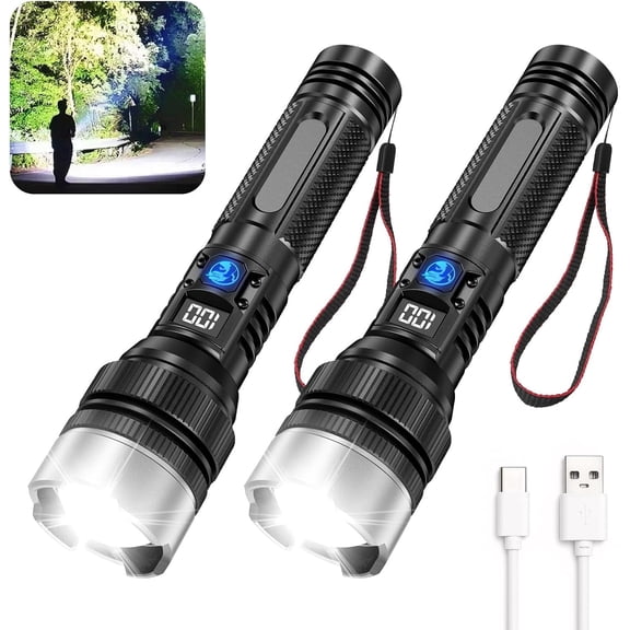 Flashlight with 1000 Lumens, Type-C Fast Charging & 16-Hour Runtime, 3 Modes, Telescopic Zoom, Waterproof, Compact Handheld Flashlight for Camping, Hiking, Hurricane Prep2 Pack