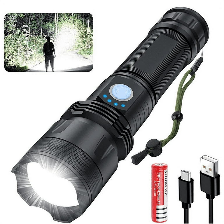 https://i5.walmartimages.com/seo/Flashlight-100000-lumen-USB-rechargeable-XHP70-2-High-lumen-LED-flashlight-Powerful-Tactical-5-modes-emergency-camping-home-includes-26650-high-capac_cc4c11c6-f123-4118-a4e5-5621907e4be9.70d7feb5469a1bb8cb40510346d5dee0.jpeg?odnHeight=768&odnWidth=768&odnBg=FFFFFF