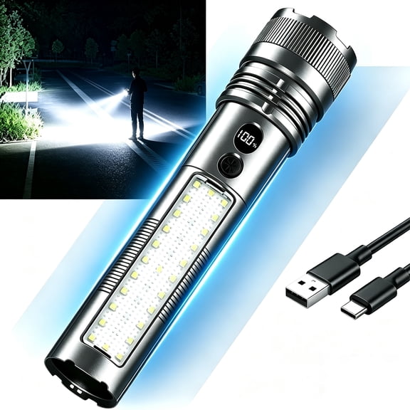 Flashlight 12000mAh Rechargeable, Super Bright LED Tactical Light, IPX6 Waterproof, Includes Stand & Lanyard for Home, Camping