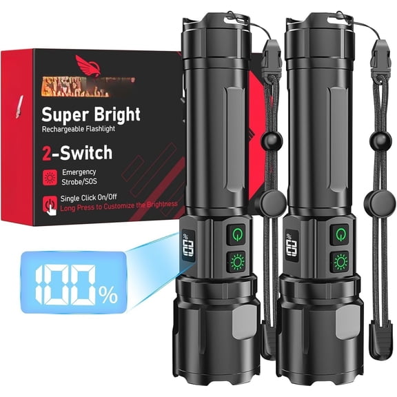 Flashlight 20000 High Lumens Rechargeable - 2 Pack 30W Super Bright LED Flash Light | 24H Long Lasting & 5000ft Beam USB C High  Handheld  Flashlight for /Camping/Hiking/