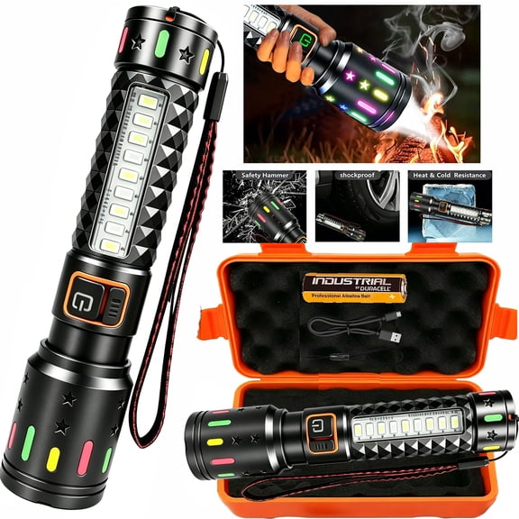 A Flashlight That Can Start A Fire With Storage Box Flashlight Rechargeable Aluminum Alloy High Lumen Fire Starting Flashlight Torch 5 modes Flashlight with COB Side light Tactical Adjustable Beam Su