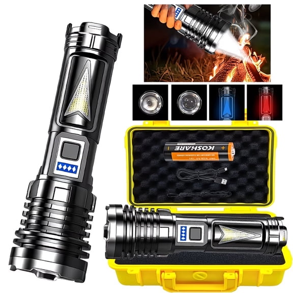 A Flashlight That Can Start A Fire Super Bright High Lumens LED Flashlight Large Capacity USB Rechargeable Flashlight RED&BlUE COB Side Light Digital Display Tactical Torch