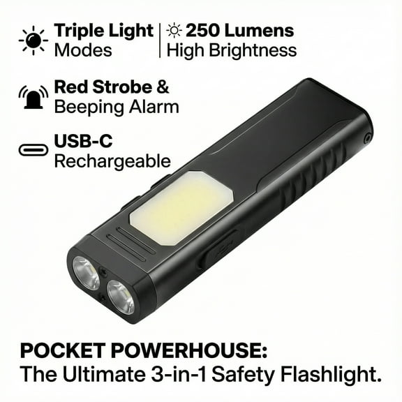 Flashlight,Flashlight Rechargeable,Triple Light Flashlight,Flashlights for Home&Travel,Pocket Led Flashlight with Red Strobe&Beeping Alarm-250 Lm,Usb-C Charging, 4 Light Modes, IPX4