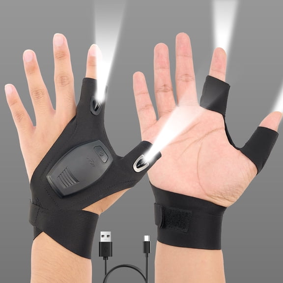 LED Flashlight Gloves for Night Outdoor Activities, USB Charging LED Finger Gloves with 2 Bright LED Lights and Elastic Velcro Strap, Work Gloves with Lights, Unique Gift for Men, One Size Fits All