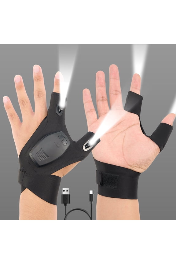 LED Flashlight Gloves for Night Outdoor Activities, USB Charging LED Finger Gloves with 2 Bright LED Lights and Elastic Velcro Strap, Work Gloves with Lights, Unique Gift for Men, One Size Fits All