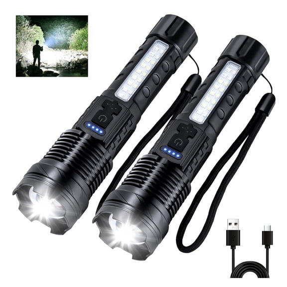 Flashlight High Lumens Rechargeable 2 Packs, 1,000,000 Lumens Bright LED Battery Handheld Flashlights with 7 Modes, COB Side Light, USB C, Zoomable, Waterproof for Emergencies