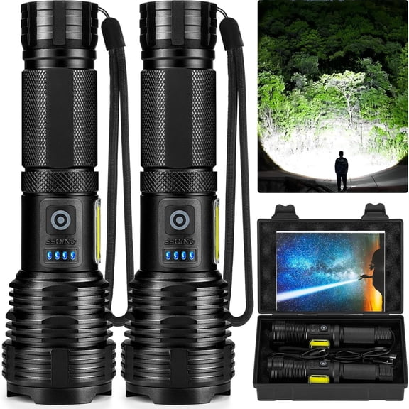 Flashlight LED Rechargeable Flashlights High Lumens, 99,000 LM Super Bright Powerful Flashlight, High Powered Flash Lights Waterproof Handheld Flashlights for Home Camping Hiking(2 Pack)