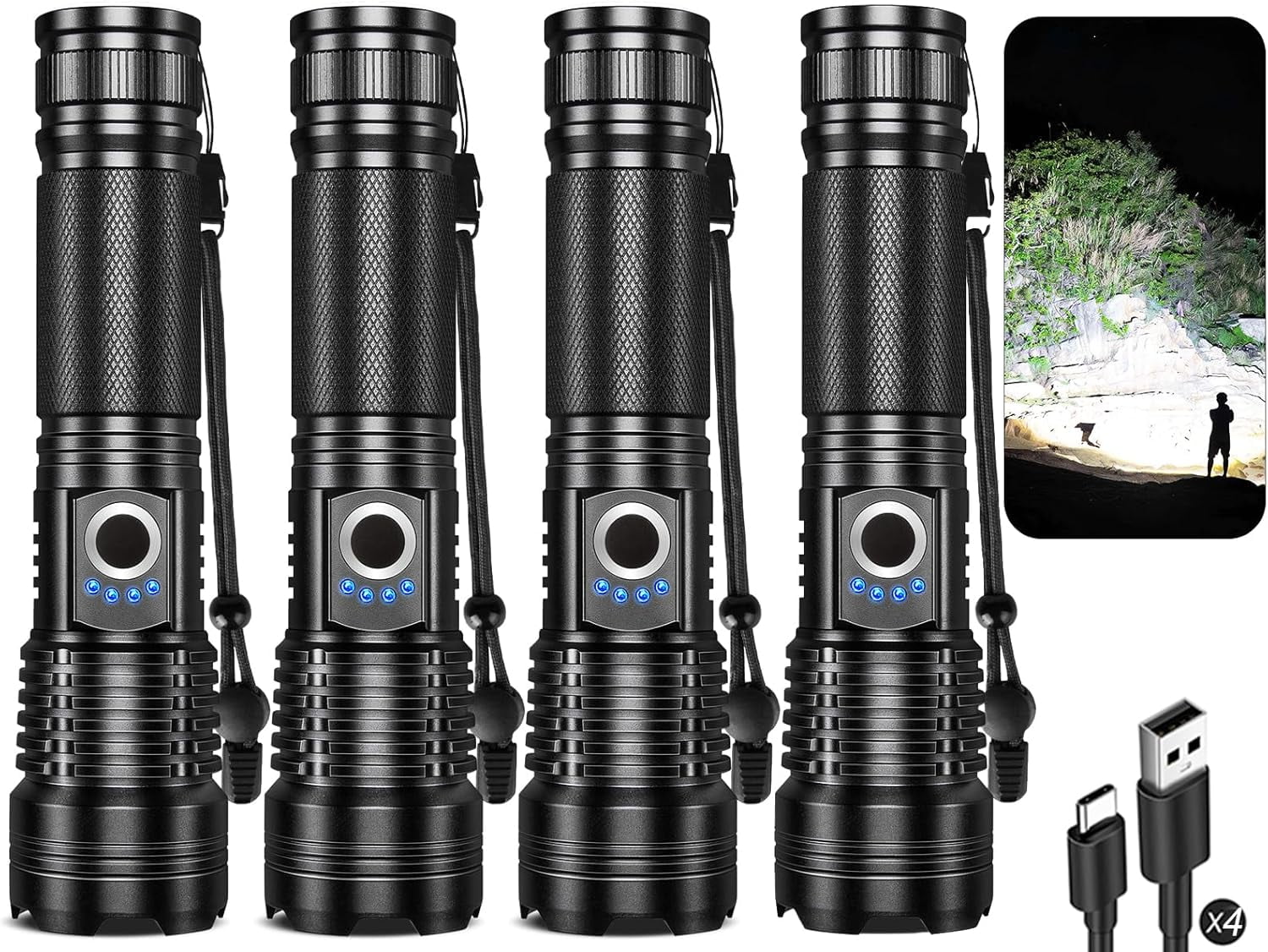 Flashlight Rechargeable 4 Packs, 99,000LM Super Bright High Lumens Flash Light, 5 Modes Adjustable Linternas, Powerful Handheld LED Flashlights for Home Camping