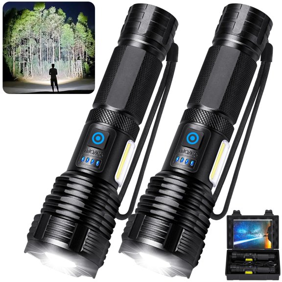 Flashlight Rechargeable Flashlights High Lumens, 99,000 LM Bright LED Flashlight Powered Flash Light, USB Rechargeable Flashlights & Waterproof Handheld Flash lights for Home Camping Hiking(2 Pack)