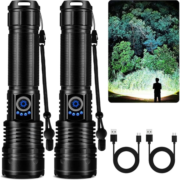 Flashlight Rechargeable High Lumen, 2 Pack Super Bright Rechargeable Flashlights, Long Life LED Flash Light with Light Modes, Waterproof for Outdoor, Camping, Hiking