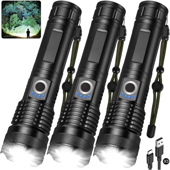 Flashlight Rechargeable LED High Lumens - 99,000 Lm Powerful Handheld Flash Light with 5 Modes, Bright Waterproof Torch for Camping Home (3 Packs)