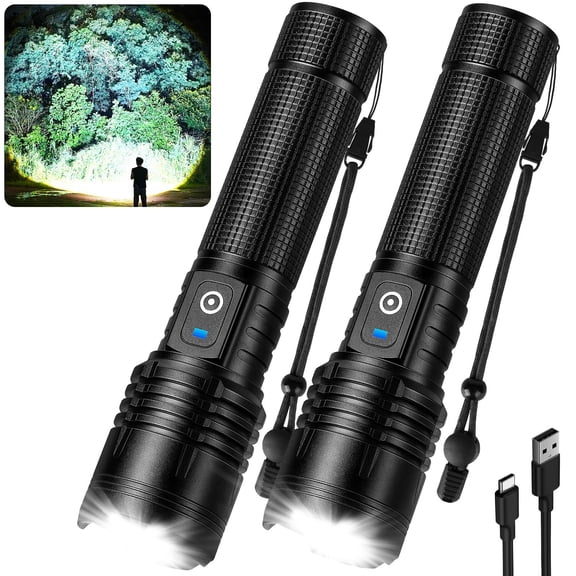 Flashlight Rechargeable Led High Lumens 99 000 Super Bright Flash Lights With 5 Modes Adjustable Waterproof Linterna For Home Camping(2 Pack)