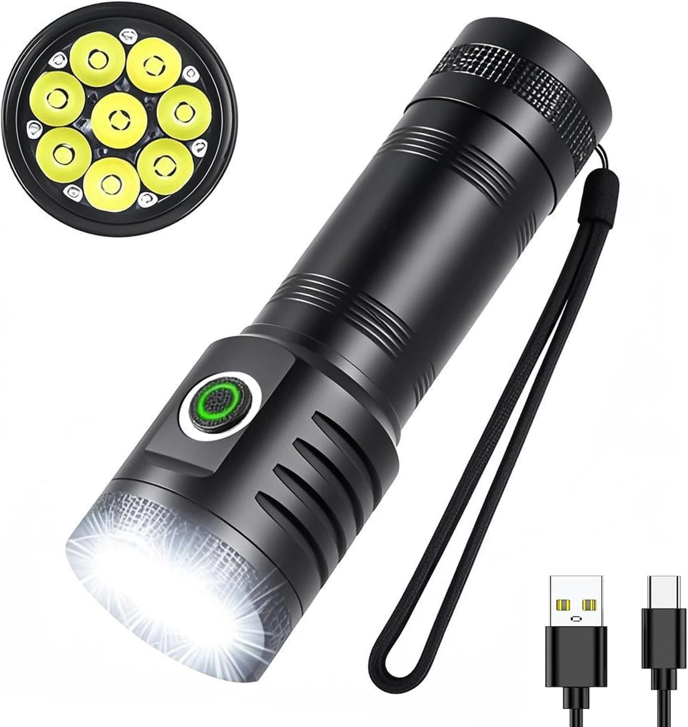 Flashlight USB Rechargeable, Flashlights High Lumens, 6500 LM Tactical Flashlights, 5 Modes LED Flashlight Adjustable, IPX4 Waterproof Versatile Flashlight for Emergencies, Hiking, Camping