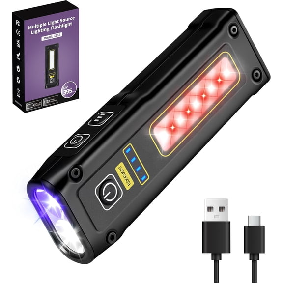Flashlight UV Light 395nm, Blacklight EDC Flashlights Mini LED high Lumen USB -C Rechargeable Portable with Base, COB White & Red Light, Output Power, for Pet , Curing