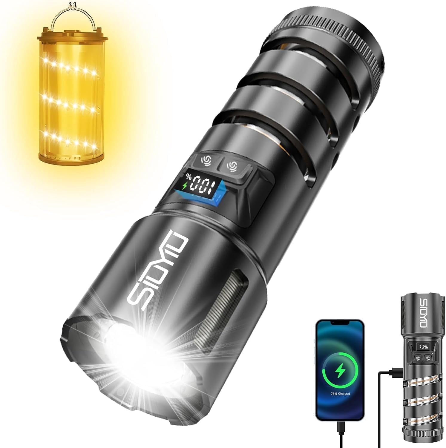 Siuyiu High Lumens 2-in-1 Camping Lantern Flashlight, 10000 Lumens, 8 Modes, Rechargeable, Waterproof