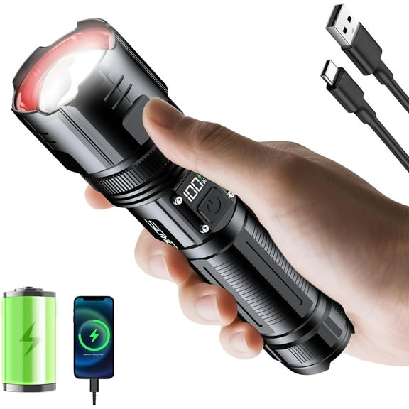 Flashlights High Lumens, 3000 Lumens Rechargeable Flashlight with LCD Digital Power Display, Zoomable LED Super Bright Flash Light, 4 Mode, IPX5 Waterproof for Camping, Emergencies and Outdoor
