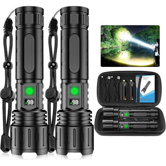 Flashlights High Lumens  - 5000mAh  Bright   Flashlight with 5 Modes  Handheld Flash Light for ,Camping,, Zoomable,Power Display (2Pack Black)