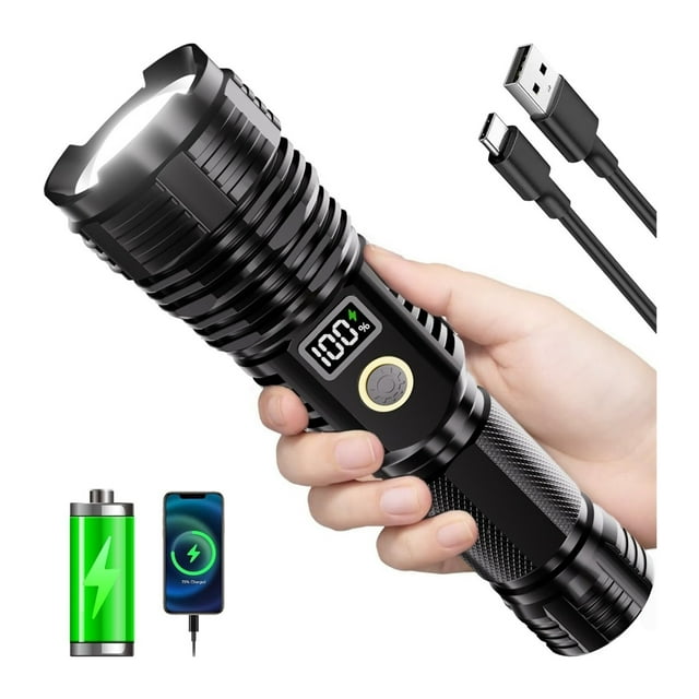 Flashlights High Lumens Rechargeable, 1000000LM LED Super Bright Flash Light, Zoomable Linternas with LCD Digital Display, 5 Mode, Waterproof, Powerful Tactical Flashlight for Emergencies Camping Gift