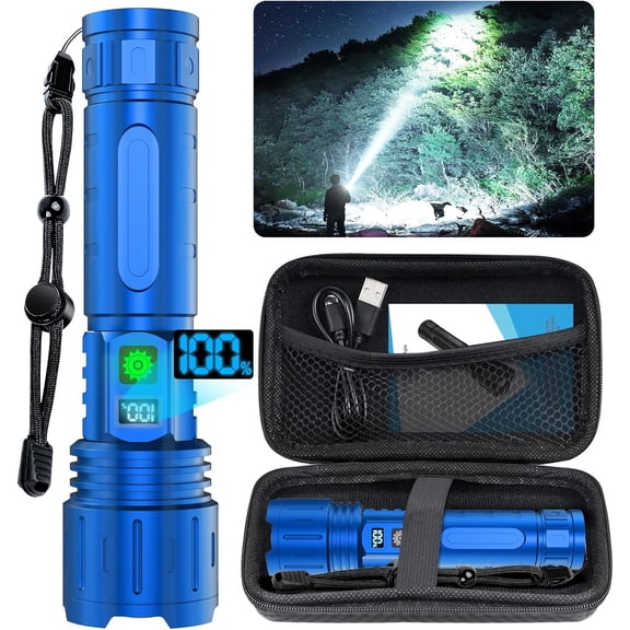 Flashlights High Lumens Rechargeable - 1500 Meters Long Beam Super Bright LED Flash Light with Power Display & IPX5 Waterproof for Camping, 20H Runtime,5 Modes,Zoomable Handheld Flashlight-Blue