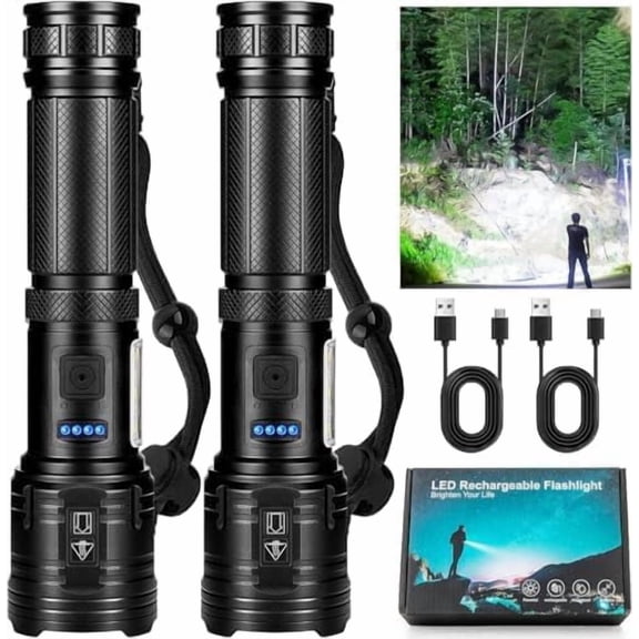 Flashlights High Lumens Rechargeable 2 Pack, 90,000 Lumens Super Bright Flashlight, LED Powerful Flash Light, 7 Modes with COB Work Light, IPX7 Waterproof for Outdoor Camping Hiking