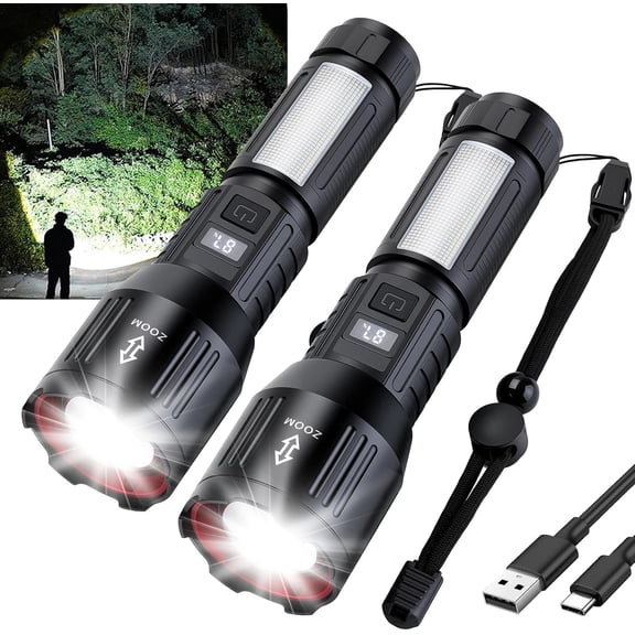 Flashlights High Lumens Rechargeable 2 Packs, 1,500,000L Handheld LED Flash Light High , Super Bright Flash Lights with 6 Modes, Cob Side Light, Adjustable Flashlight for