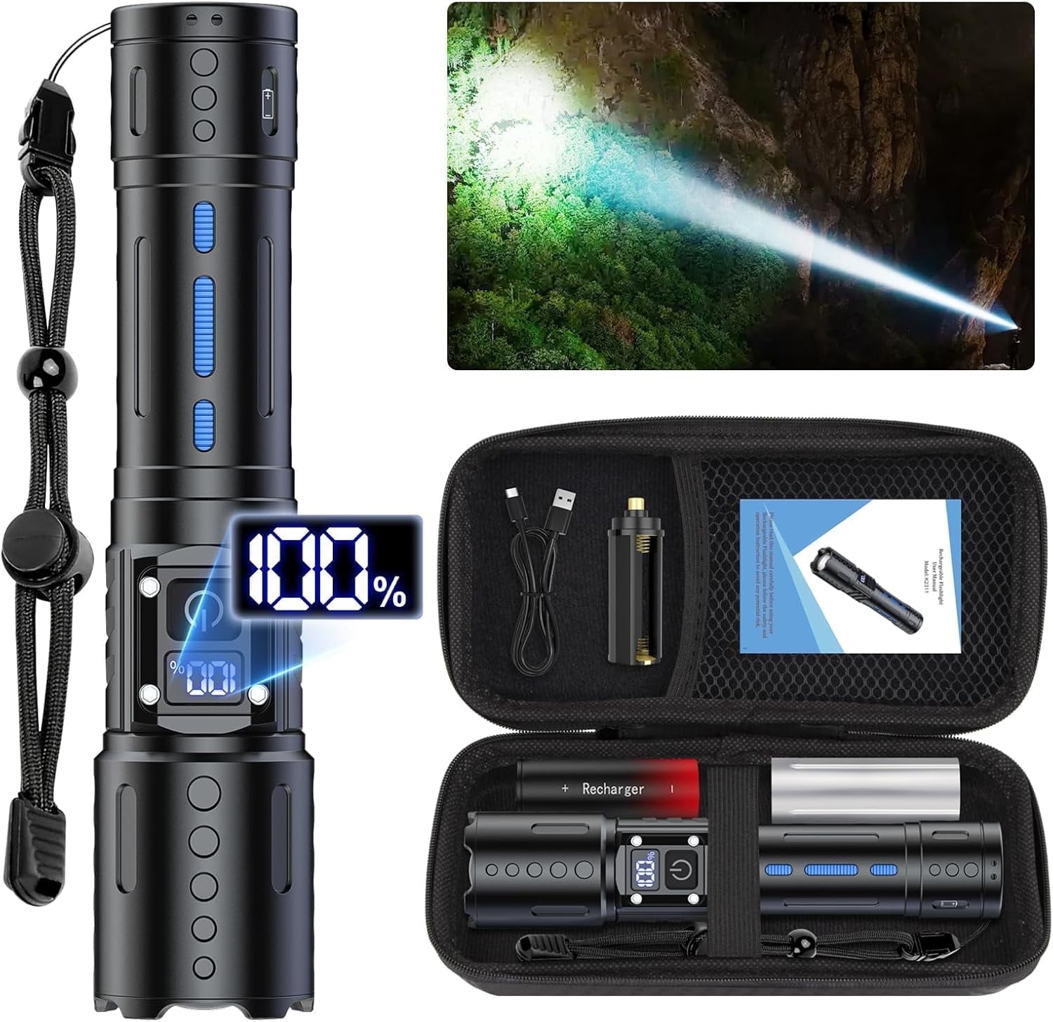 20,000 Lumens Rechargeable Flashlight - Super Bright LED Zoomable Flash ...