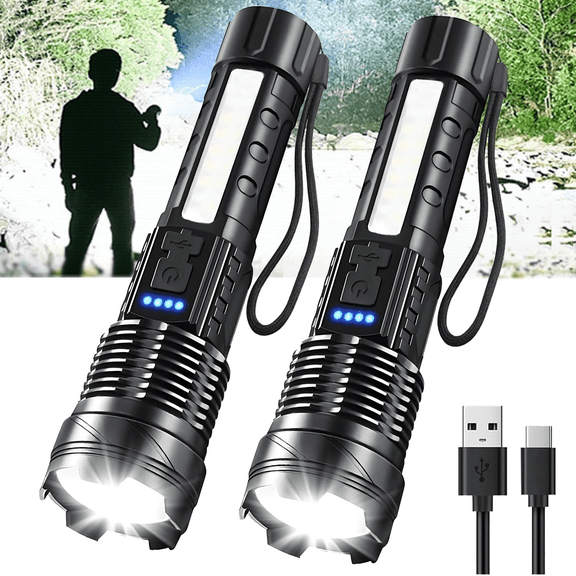 Flashlights High Lumens Rechargeable 980,000L, 2 Packs Super Bright LED Tactical Flashlight, Powerful Handheld Flash Light With 7 Modes, Zoomable, Side Light, Waterproof For Home Emergency, Camping