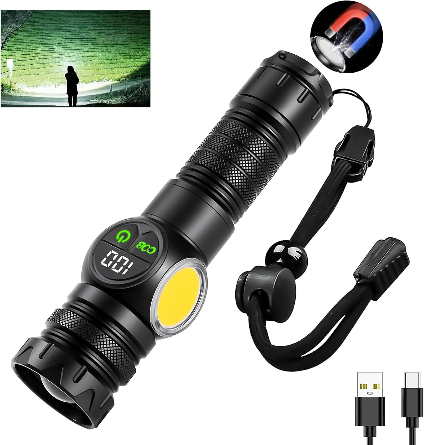 3500LM Super Bright Tactical Flashlight With COB Lantern - USB-C Rechargeable, Zoomable, IPX5 Waterproof - For Camping, Hiking, Emergencies