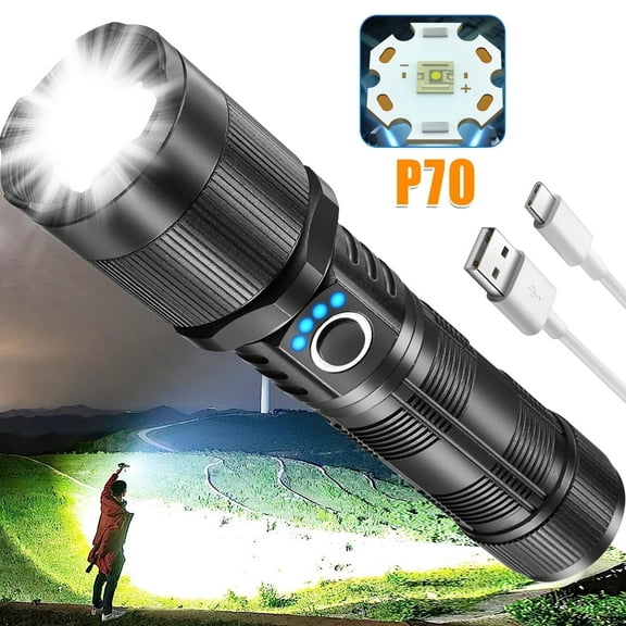 Flashlights High Lumens Rechargeable LED Flashlight, Super Bright Tactical Flashlights 180000 Lumens Handheld Flashlights with 5 Modes, Zoomable, Waterproof Flashlights for Emergencies Camping, Black