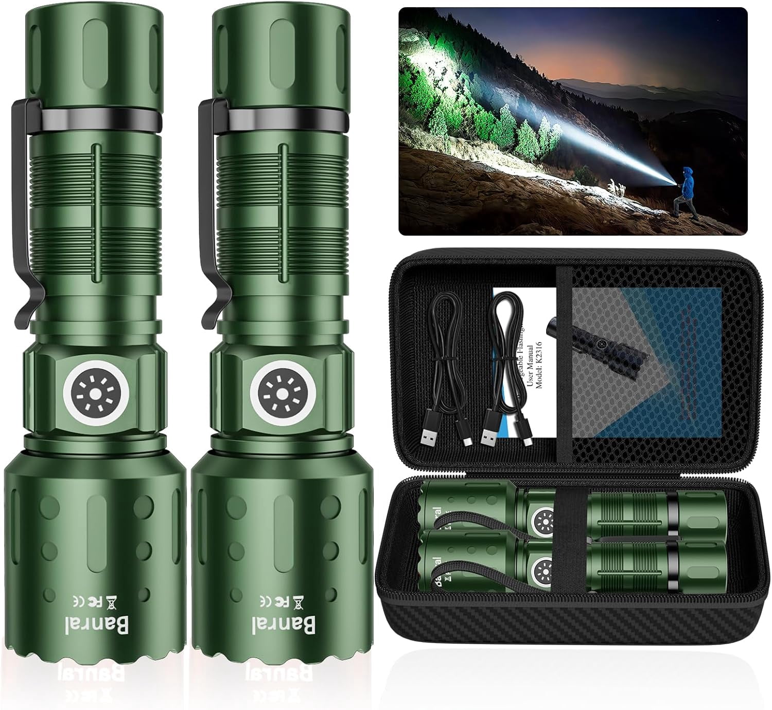Flashlights High Lumens Rechargeable, Super Bright Long Range Small Powerful Flashlight, 6 Modes LED Tactical Pocket Waterproof Flash Light for Home Emergency (2, Green)