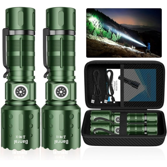 Flashlights High Lumens Rechargeable, Super Bright Long Range Small Powerful Flashlight, 6 Modes LED Tactical Pocket Waterproof Flash Light for Home Emergency (2, Green)