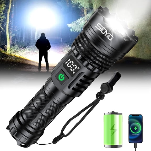Siuyiu High Lumen Flashlight Water-Resistant USB-C Rechargeable LED, Black