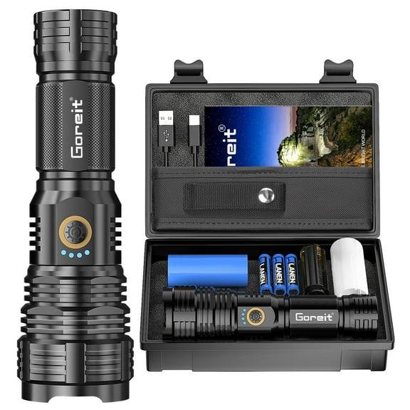 Flashlights LED High Lumens Rechargeable, Goreit 20,000 Lumens XHP70.2 Super Bright Flashlight, Flash Light Battery Powered, Powerful Handheld Flashlight with holster for Emergency Camping Hiking Gif
