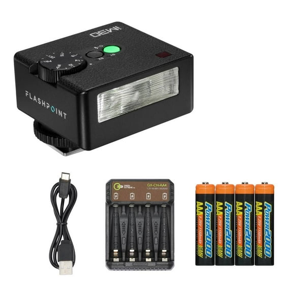 Flashpoint iM30 Mini Flash for Cameras With Ho GN15 with 7 Levels Flash Power, For Cameras with Single-Contact Hotshoe + 4x AA Rechargeable Batteries + Charger